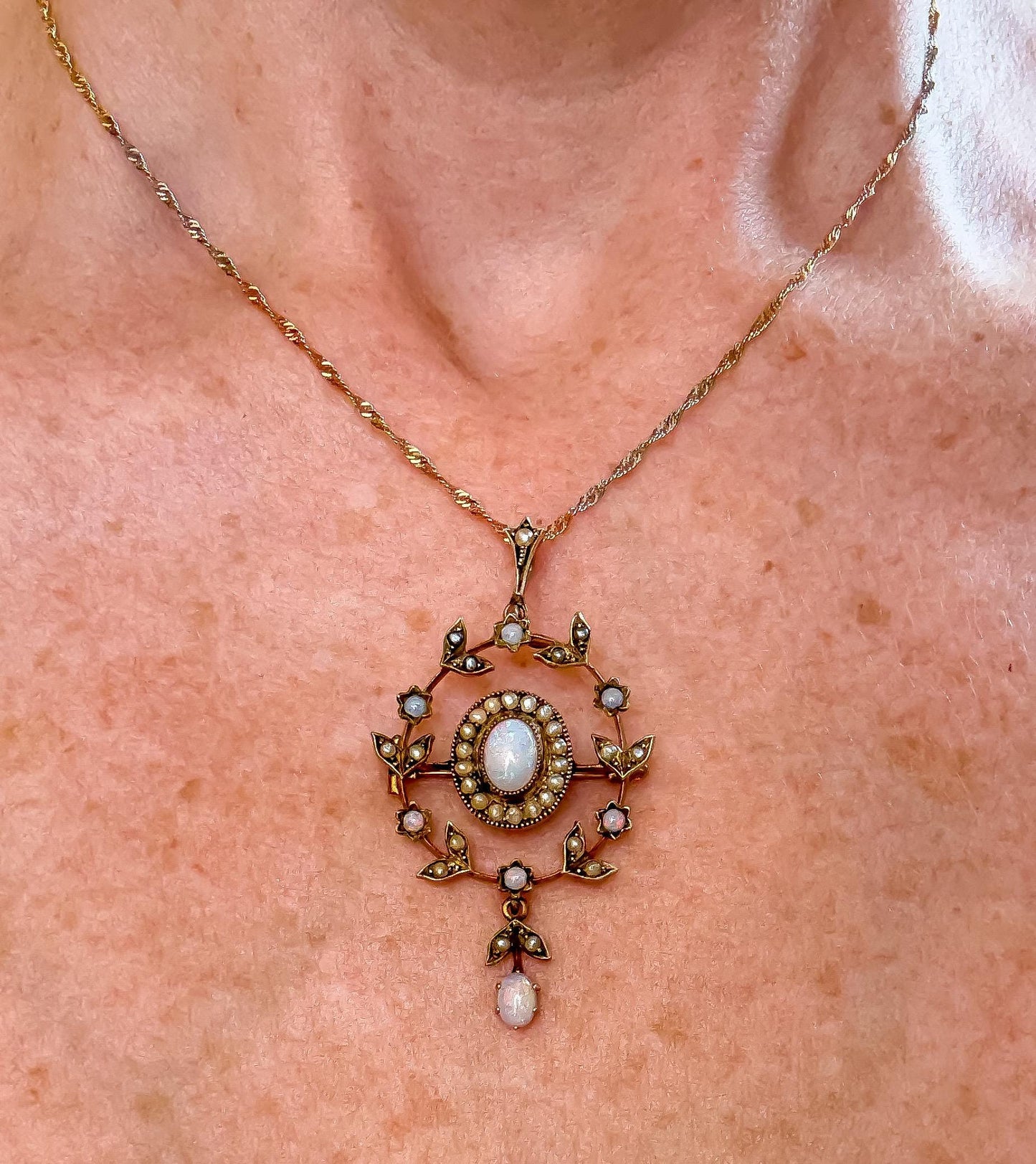 Victorian Natural Opal & Seed Pearl Pendant Brooch | Antique 14K Gold Floral Design | Convertible Brooch Pendant