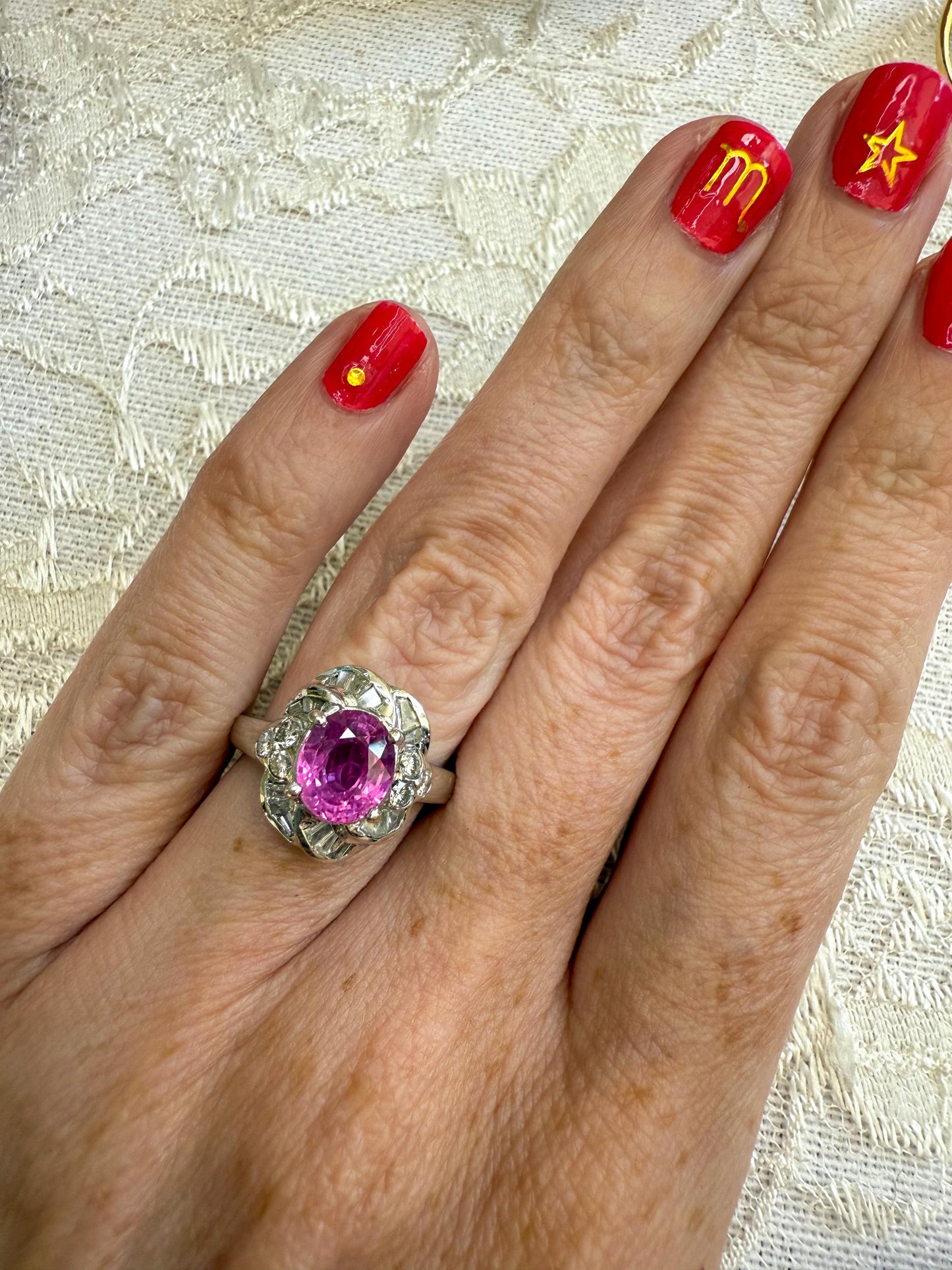 18K White Gold Pink Sapphire & Diamond Ring