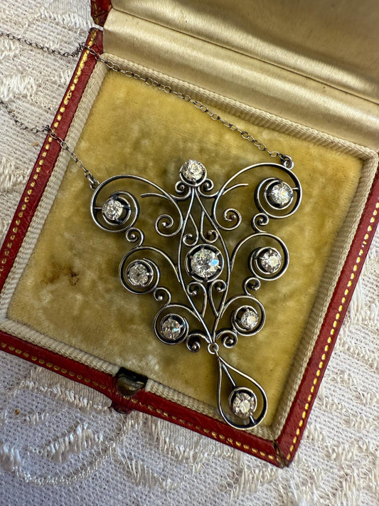 Edwardian Platinum Diamond Necklace | 2ct Old Mine & European Cuts | Antique Filigree Pendant