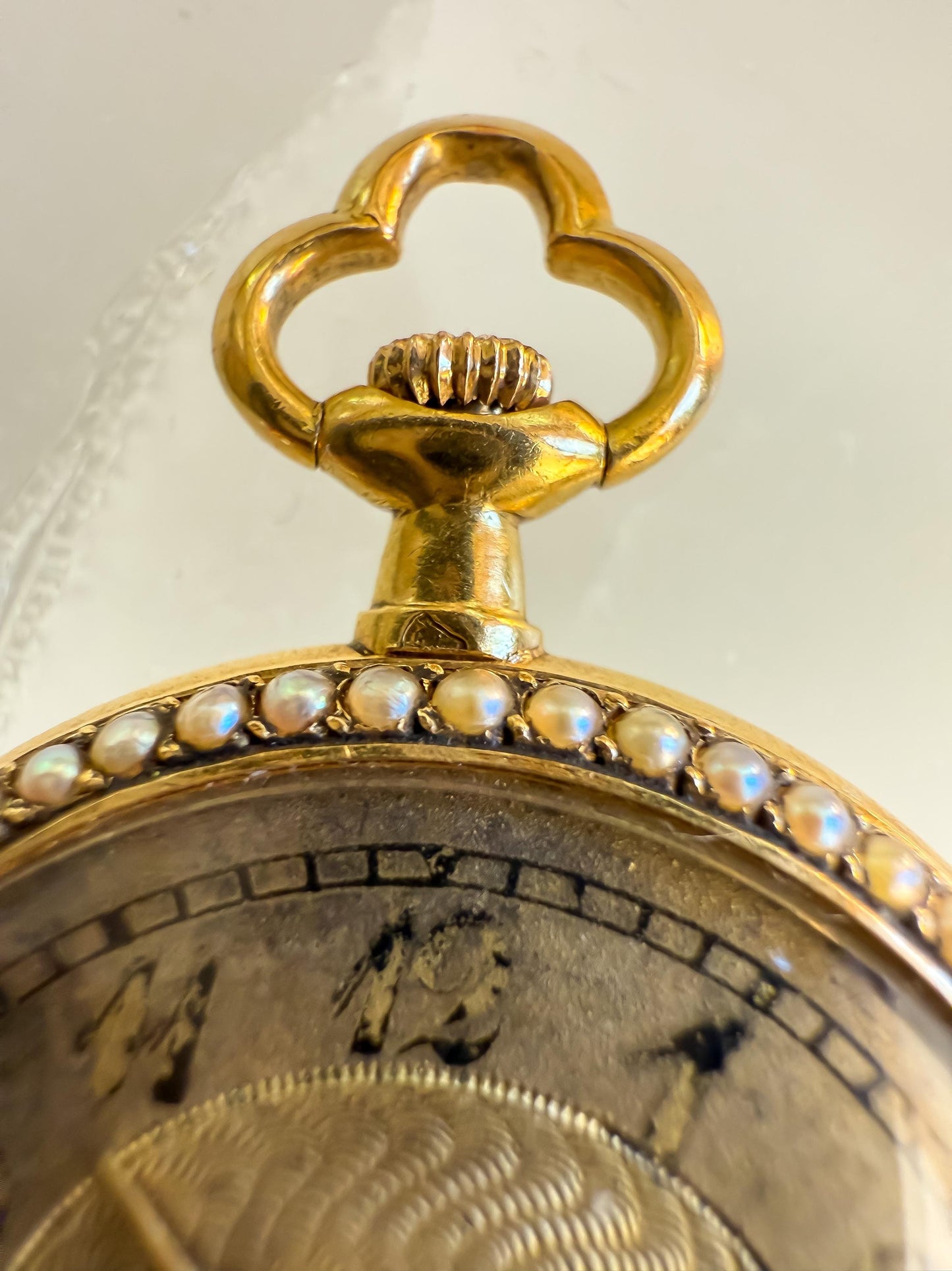 Antique French 18K Gold Pocket Watch with Guilloché Enamel & Seed Pearls 1 Inch Round, 16.76g
