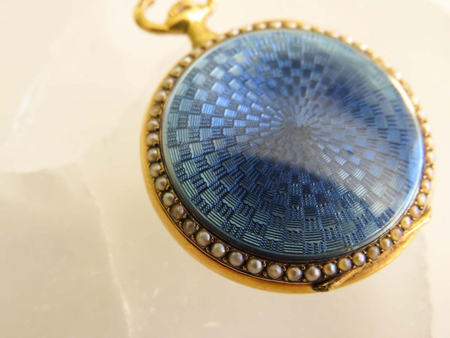 Antique French 18K Gold Pocket Watch with Guilloché Enamel & Seed Pearls 1 Inch Round, 16.76g