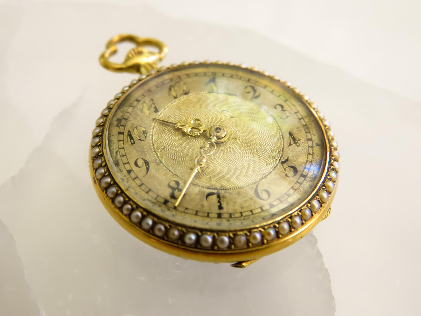 Antique French 18K Gold Pocket Watch with Guilloché Enamel & Seed Pearls 1 Inch Round, 16.76g