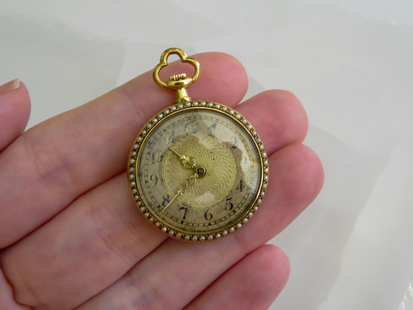 Antique French 18K Gold Pocket Watch with Guilloché Enamel & Seed Pearls 1 Inch Round, 16.76g
