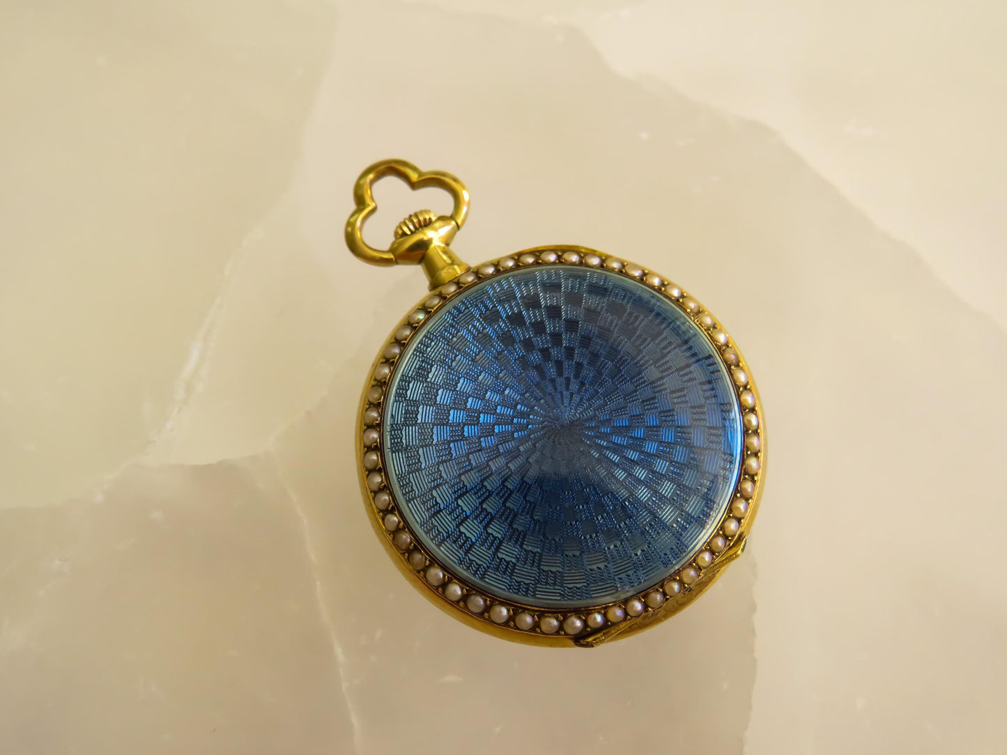 Antique French 18K Gold Pocket Watch with Guilloché Enamel & Seed Pearls 1 Inch Round, 16.76g