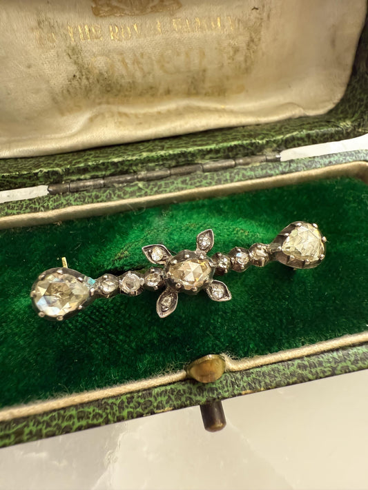 Antique Rose Cut Diamond Brooch in Silver & 18K Gold | Georgian to Early Victorian Era | Convertible Chain Extender or Pendant