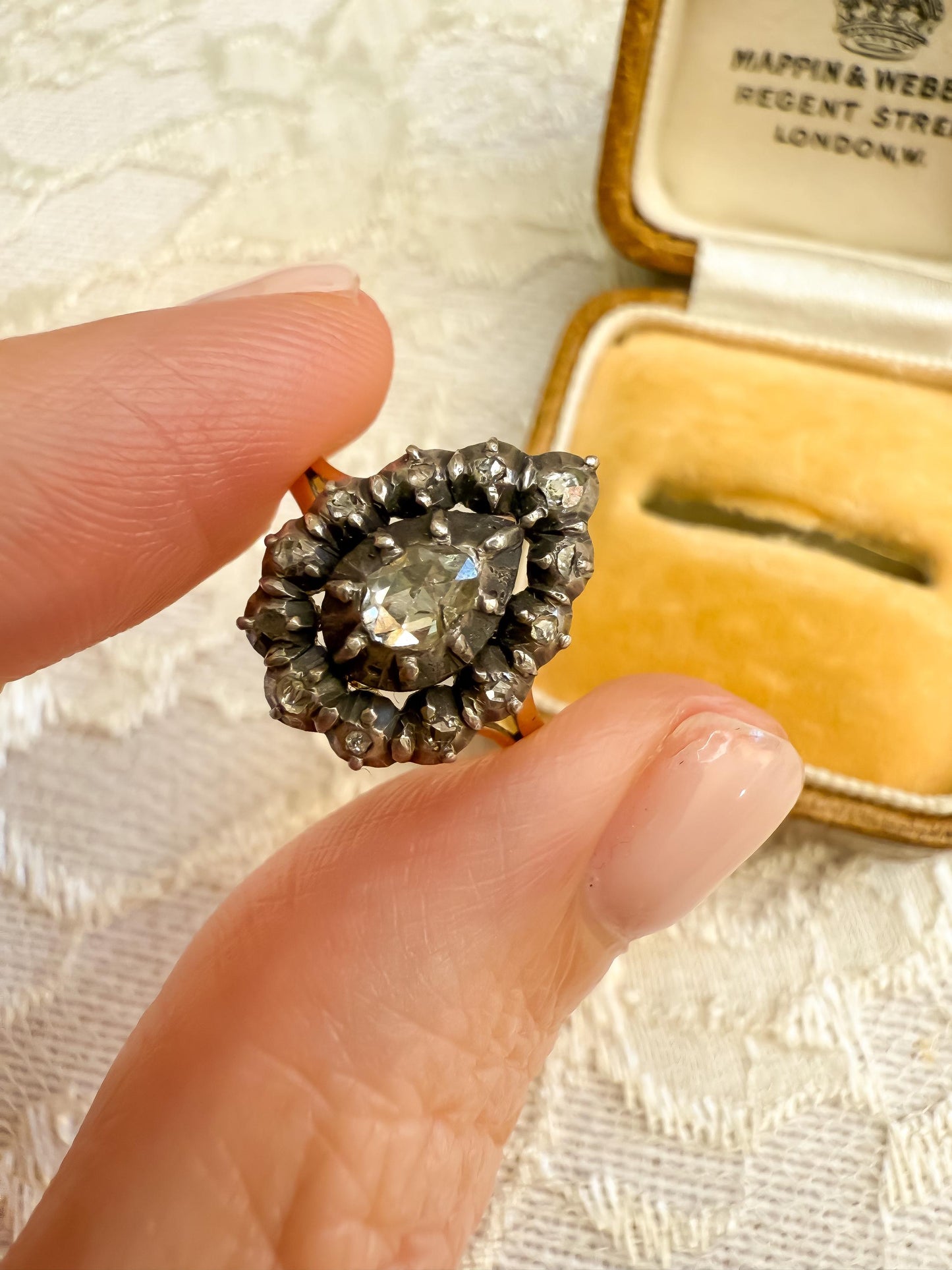 Antique Rose Cut Pear Diamond Cluster Ring | Silver-Topped 18K Gold