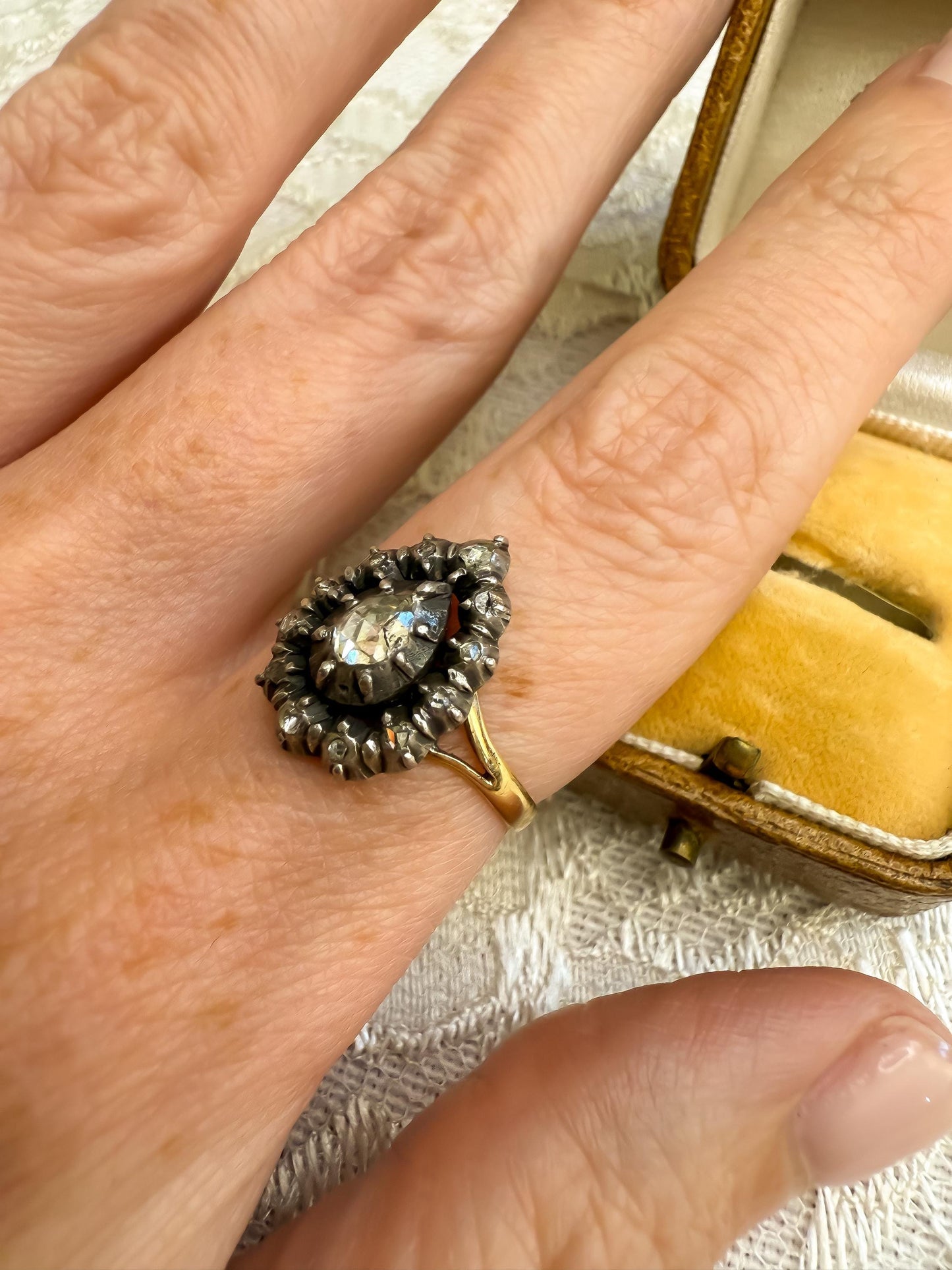 Antique Rose Cut Pear Diamond Cluster Ring | Silver-Topped 18K Gold