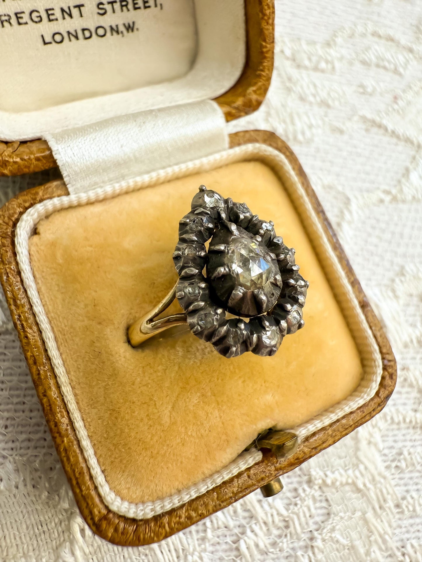 Antique Rose Cut Pear Diamond Cluster Ring | Silver-Topped 18K Gold