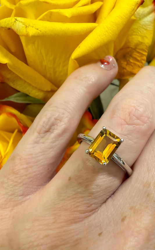 Emerald-Cut Citrine Ring in 14K White Gold  1.5 Carats, Size 6  Warm Golden Gem