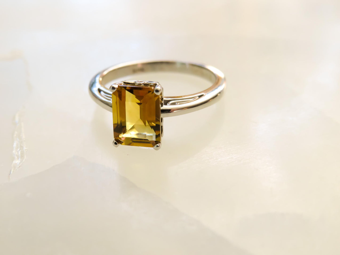 Emerald-Cut Citrine Ring in 14K White Gold 1.5 Carats, Size 6 Warm Golden Gem