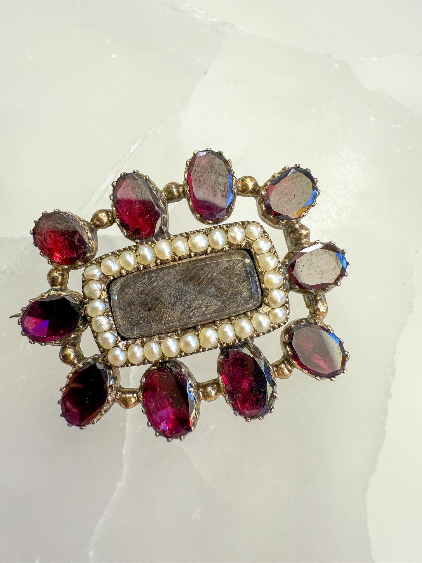 Antique Mourning Brooch with Plaited Hair, Seed Pearls & Flat Cut Garnets