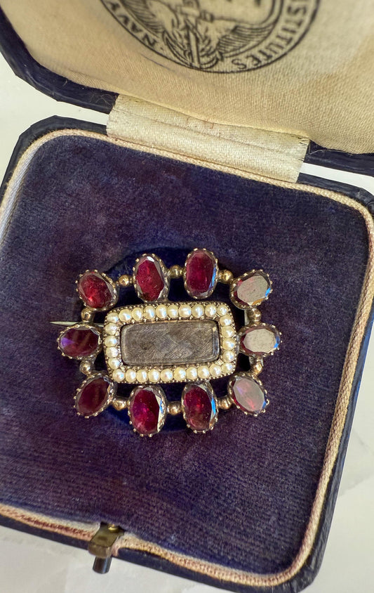 Antique Mourning Brooch with Plaited Hair, Seed Pearls & Flat Cut Garnets