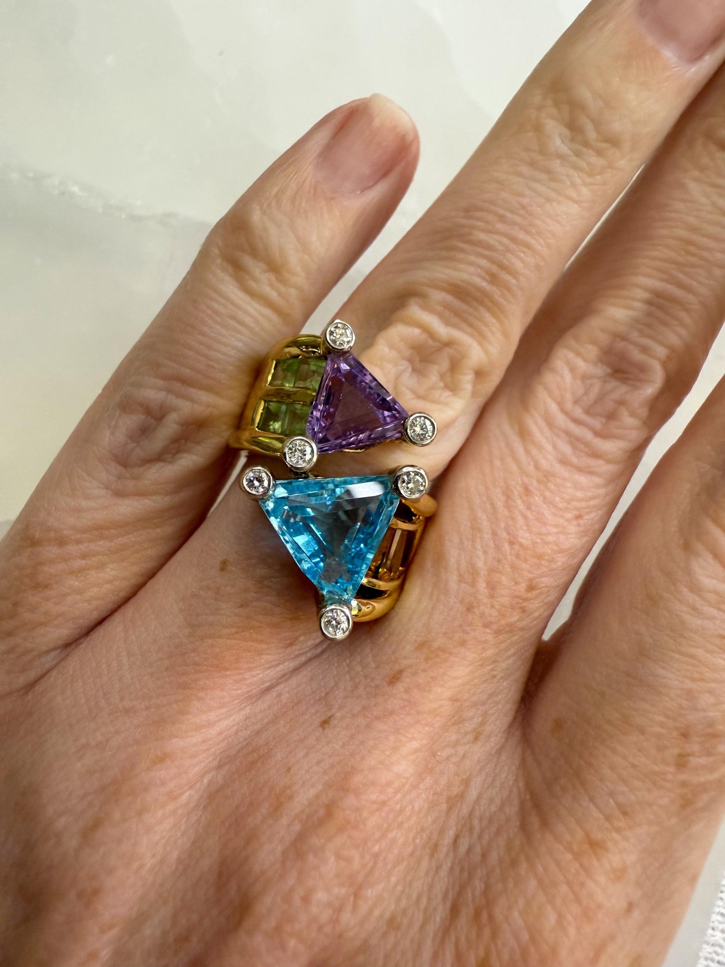 Vintage 18K Gold Multi-Gemstone Cocktail Ring with Diamond Accents