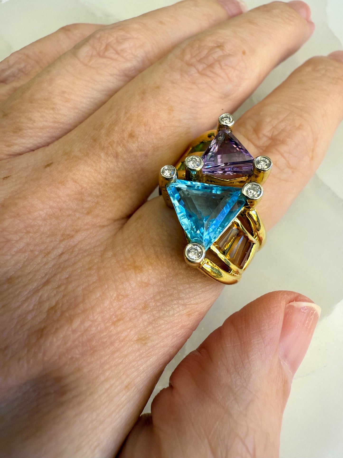 Vintage 18K Gold Multi-Gemstone Cocktail Ring with Diamond Accents