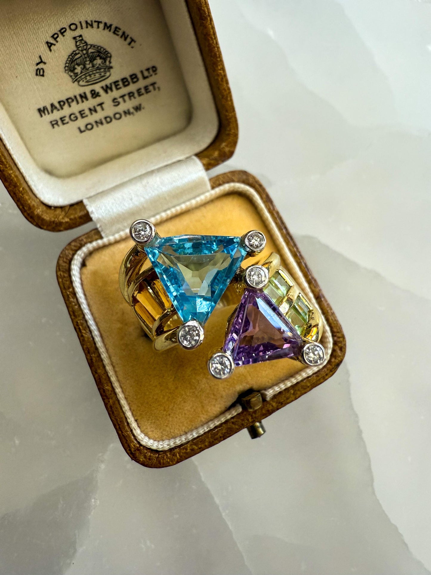 Vintage 18K Gold Multi-Gemstone Cocktail Ring with Diamond Accents