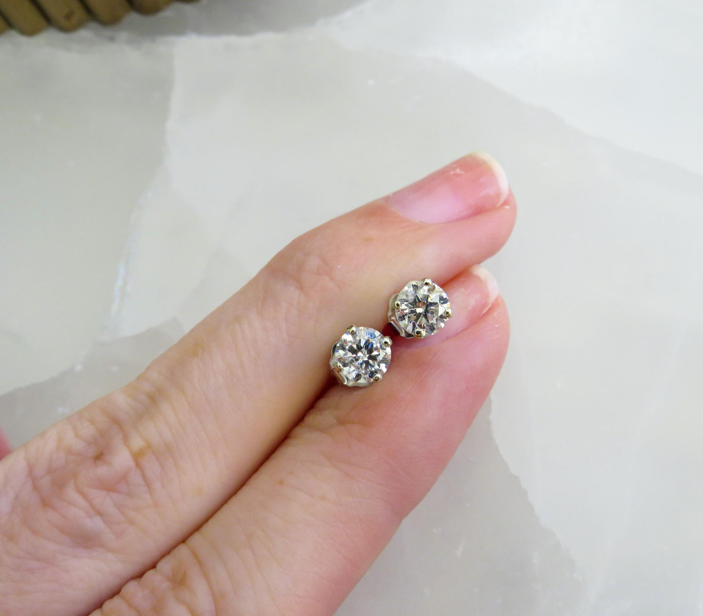 Estate 1 Carat Diamond Stud Earrings in 14K White Gold | Classic Four-Prong Setting