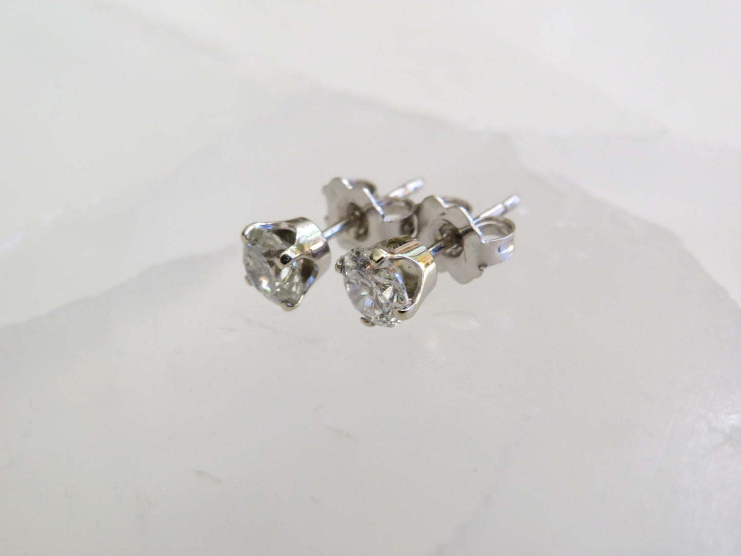 Estate 1 Carat Diamond Stud Earrings in 14K White Gold | Classic Four-Prong Setting