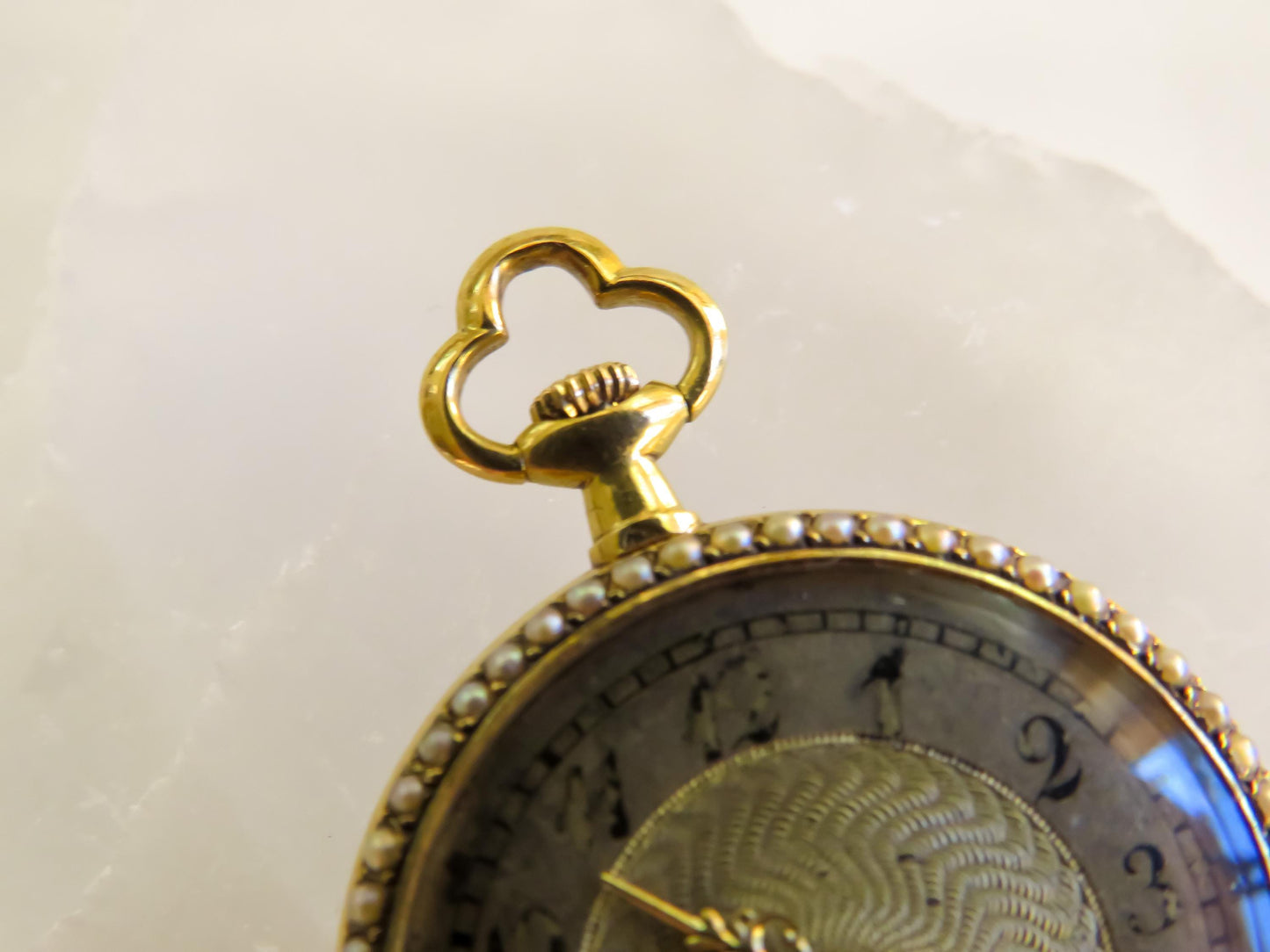 Antique French 18K Gold Pocket Watch with Guilloché Enamel & Seed Pearls 1 Inch Round, 16.76g