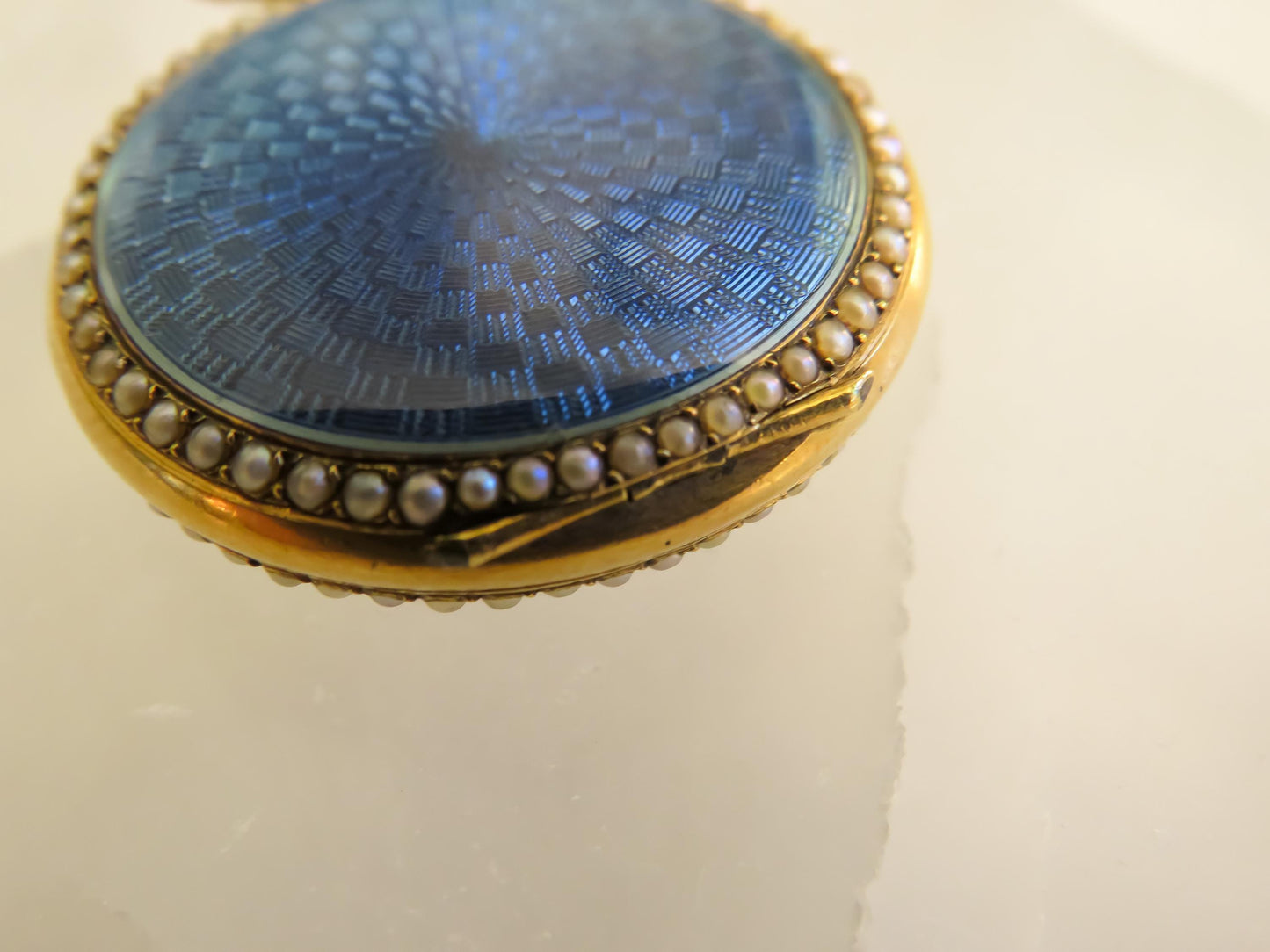 Antique French 18K Gold Pocket Watch with Guilloché Enamel & Seed Pearls 1 Inch Round, 16.76g