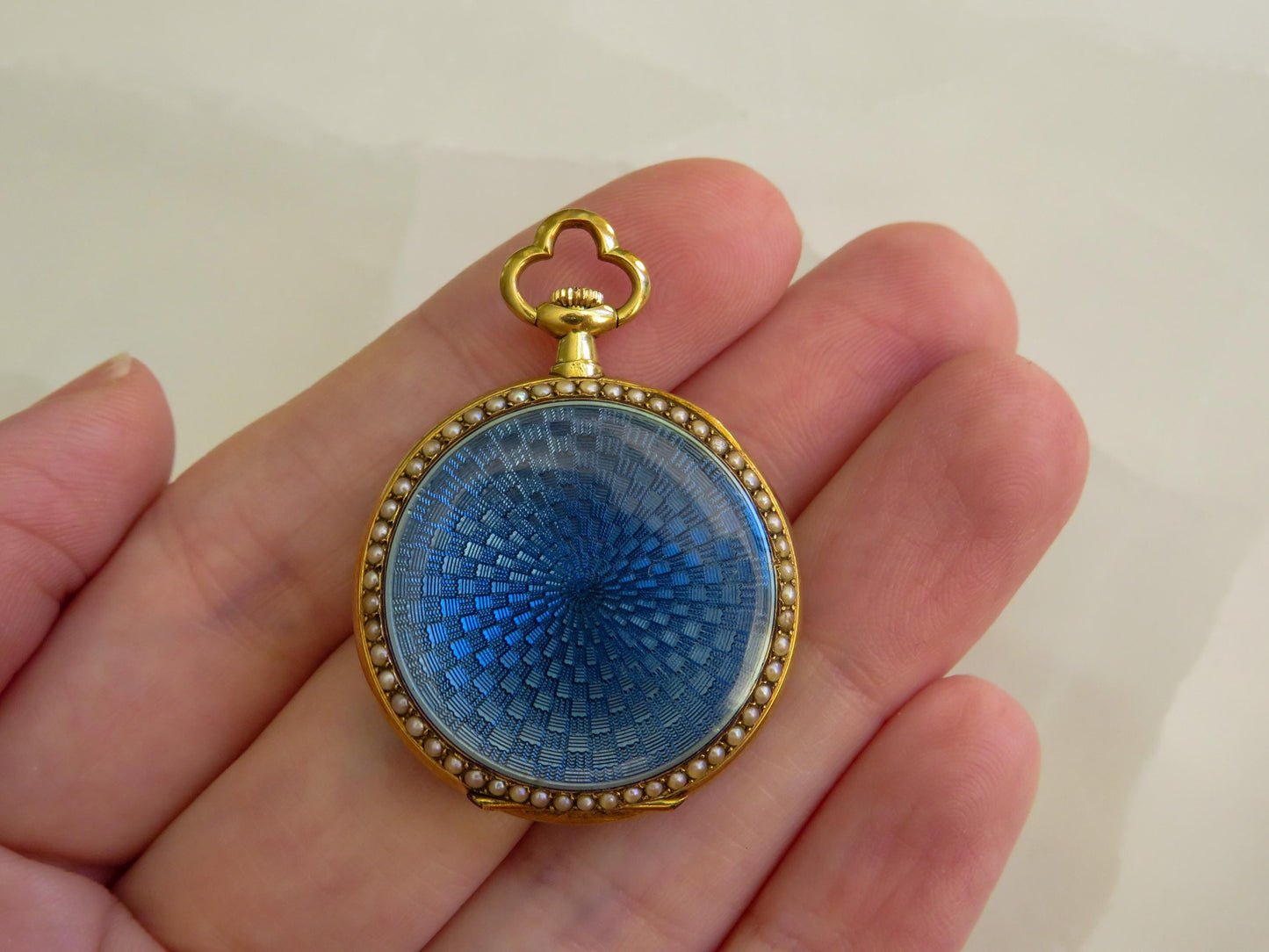Antique French 18K Gold Pocket Watch with Guilloché Enamel & Seed Pearls 1 Inch Round, 16.76g