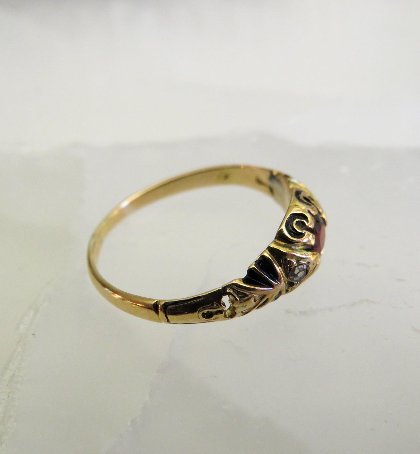 Victorian 18K Gold Garnet, Diamond & Enamel Ring