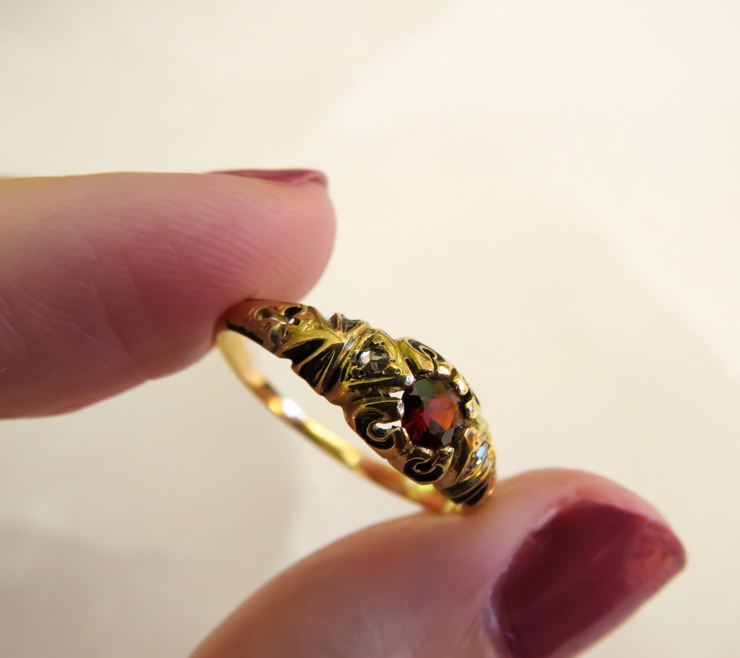 Victorian 18K Gold Garnet, Diamond & Enamel Ring