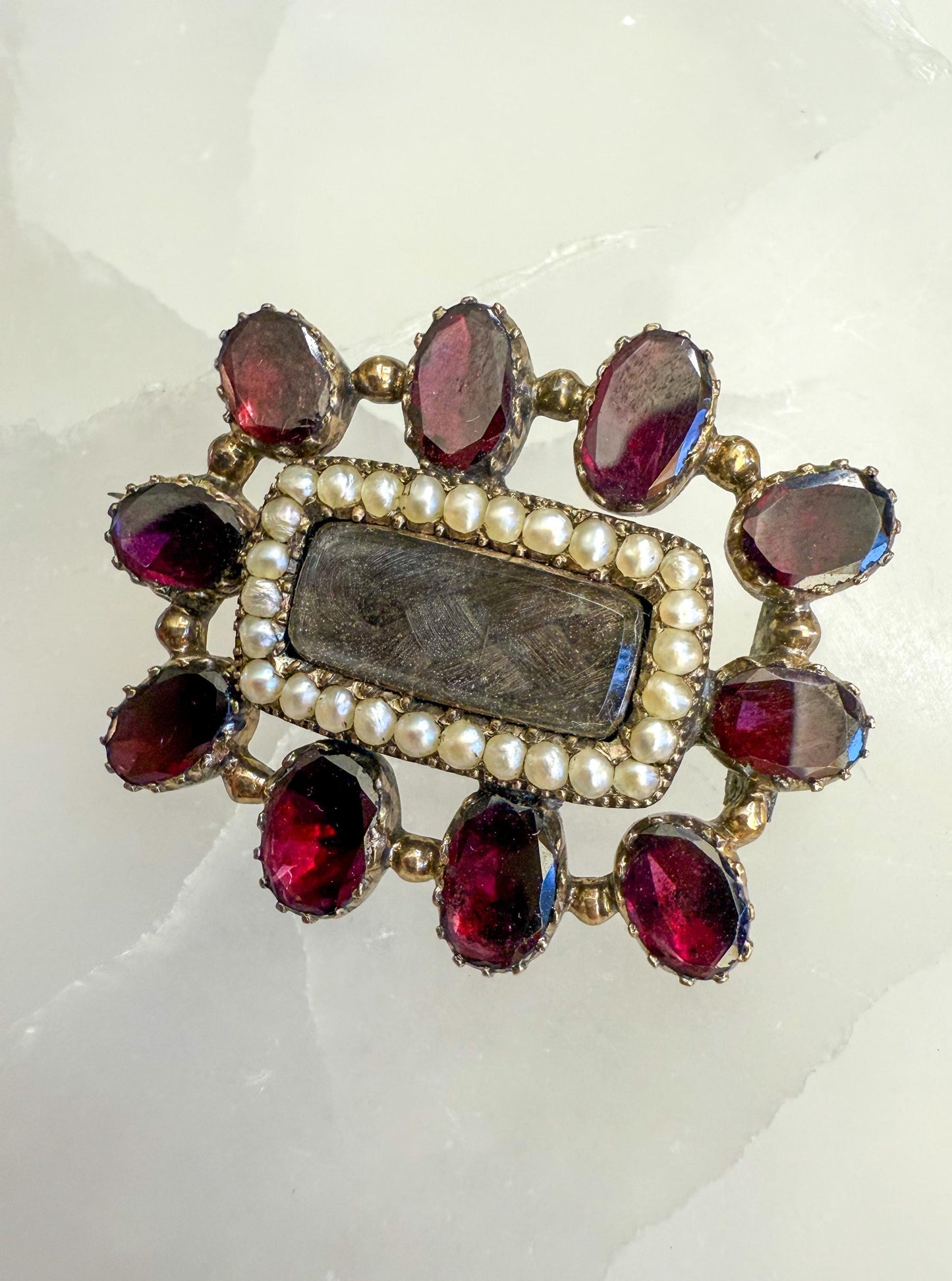 Antique Mourning Brooch with Plaited Hair, Seed Pearls & Flat Cut Garnets