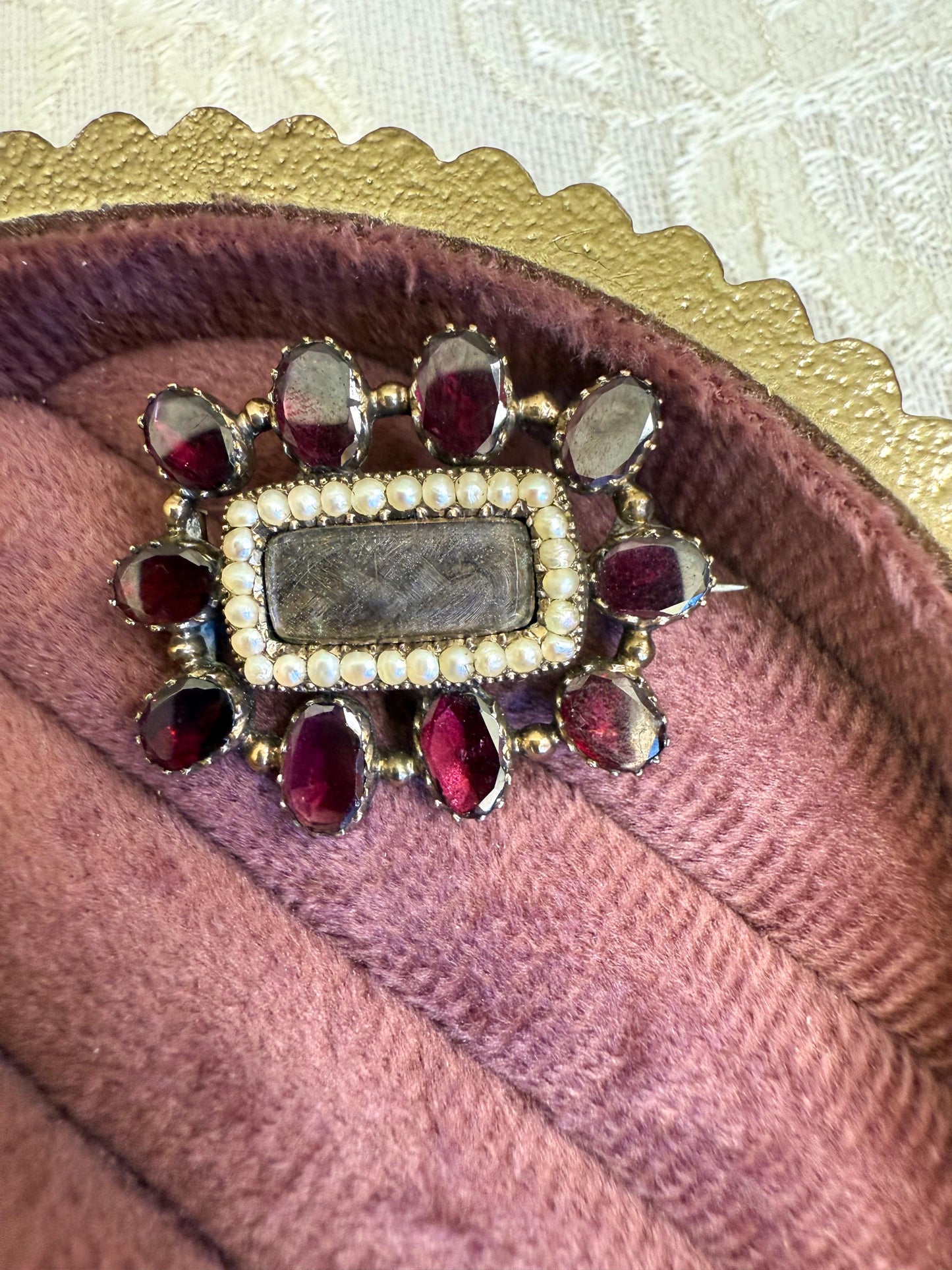 Antique Mourning Brooch with Plaited Hair, Seed Pearls & Flat Cut Garnets
