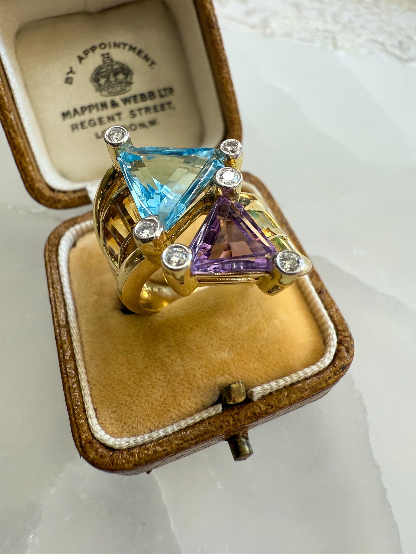 Vintage 18K Gold Multi-Gemstone Cocktail Ring with Diamond Accents