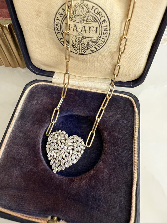 Natural Baguette Diamond Heart Necklace  14K White & Yellow Gold
