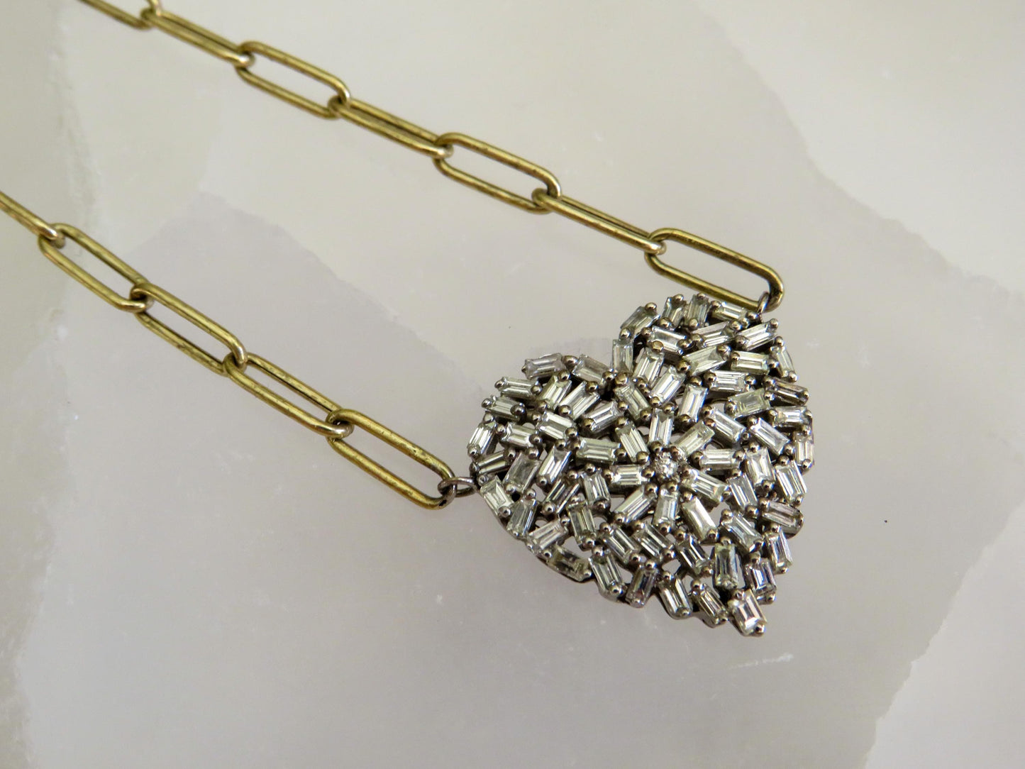 Natural Baguette Diamond Heart Necklace 14K White & Yellow Gold