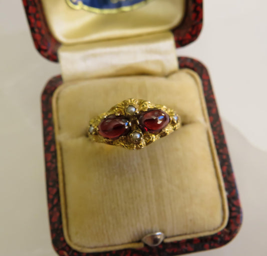 Victorian 9K Gold Garnet & Seed Pearl Ring