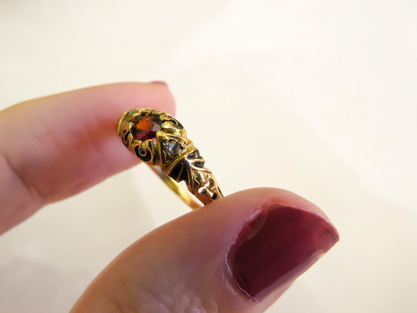 Victorian 18K Gold Garnet, Diamond & Enamel Ring