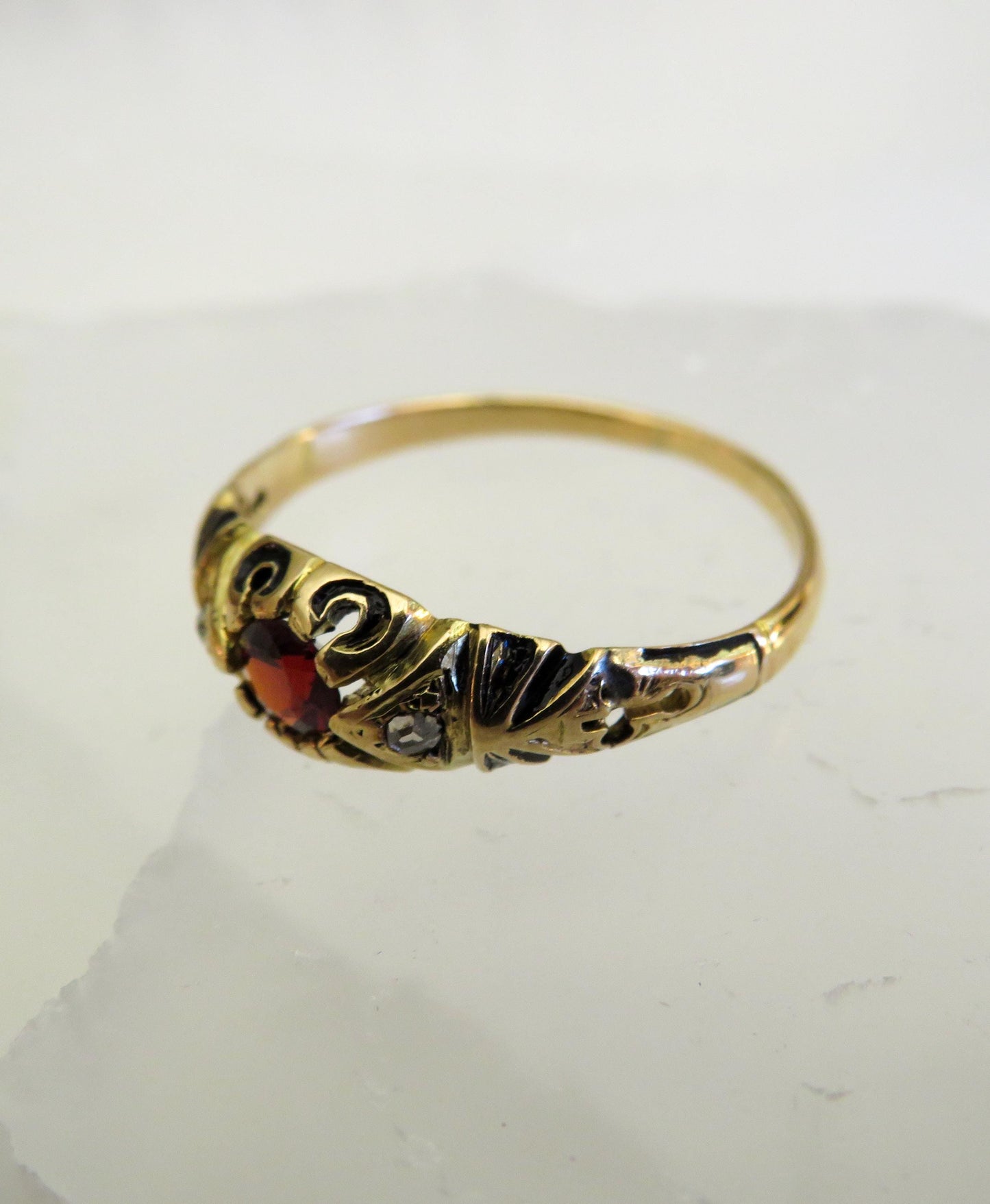 Victorian 18K Gold Garnet, Diamond & Enamel Ring