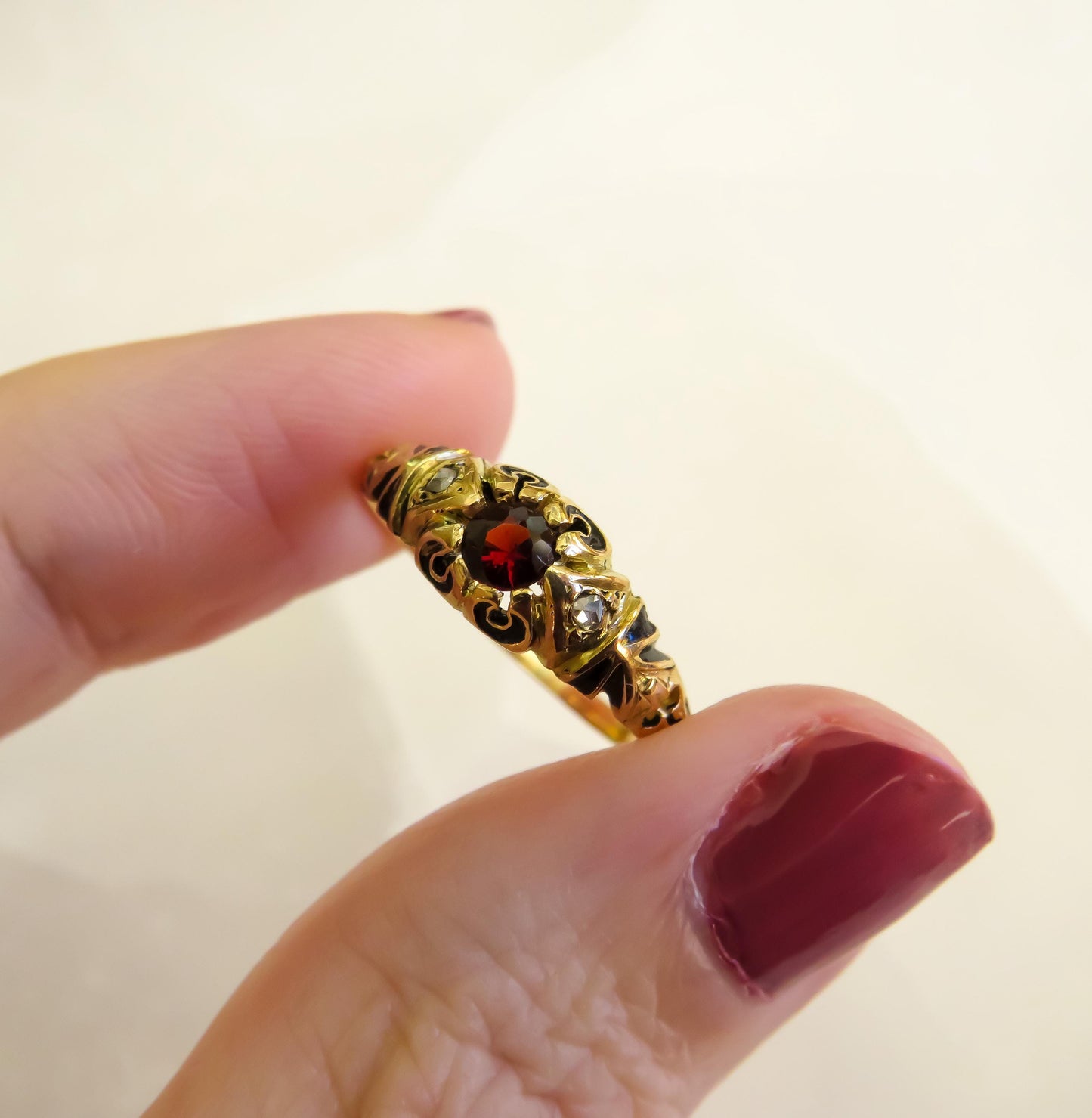 Victorian 18K Gold Garnet, Diamond & Enamel Ring