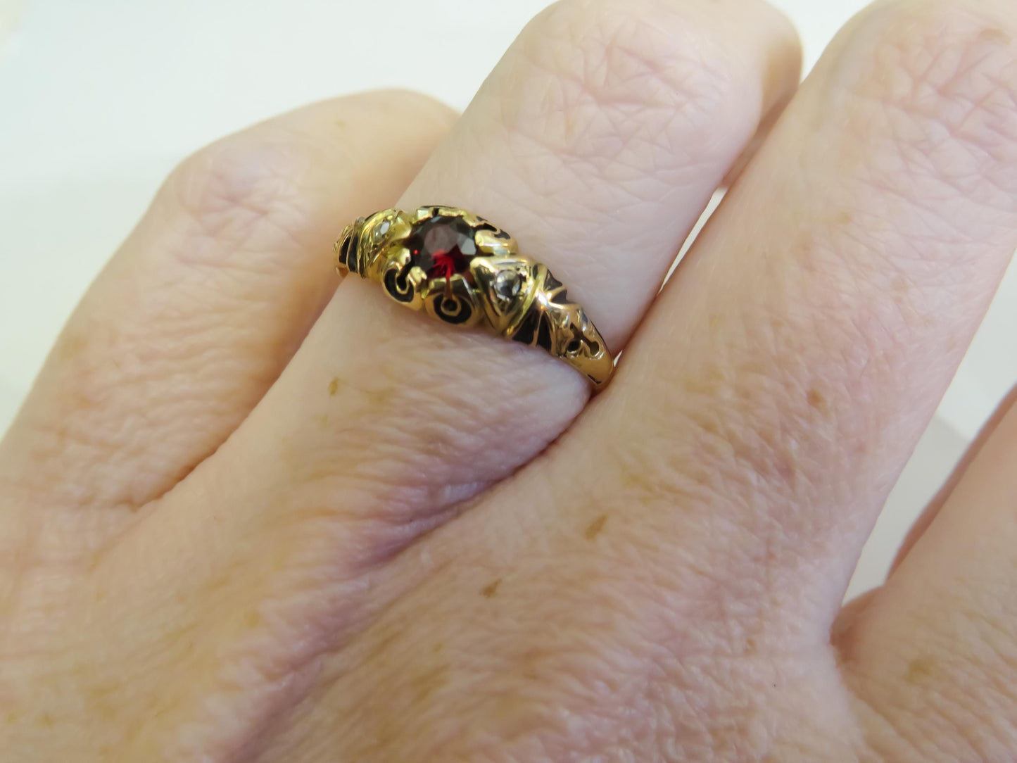 Victorian 18K Gold Garnet, Diamond & Enamel Ring