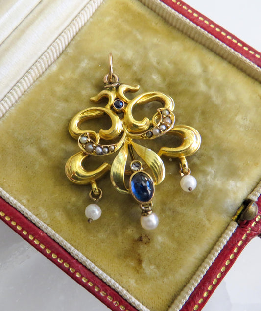 Edwardian 18K Gold Pendant with Sapphire & Pearl Drops