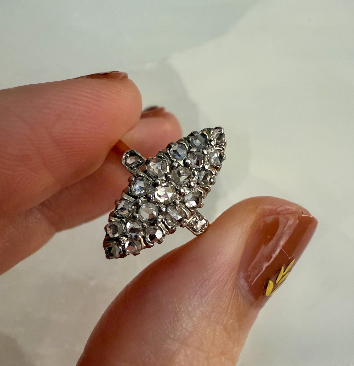 Antique Rose Cut Diamond Navette Ring | 18K Gold & Platinum | c. Early 1900s