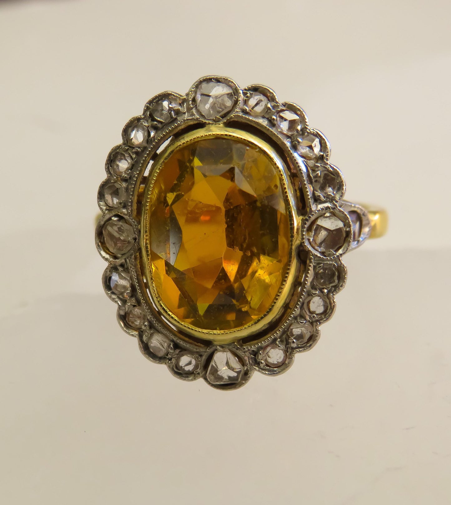 Antique Citrine and Rose Cut Diamond Ring | 18K Gold & Silver | French Hallmarked