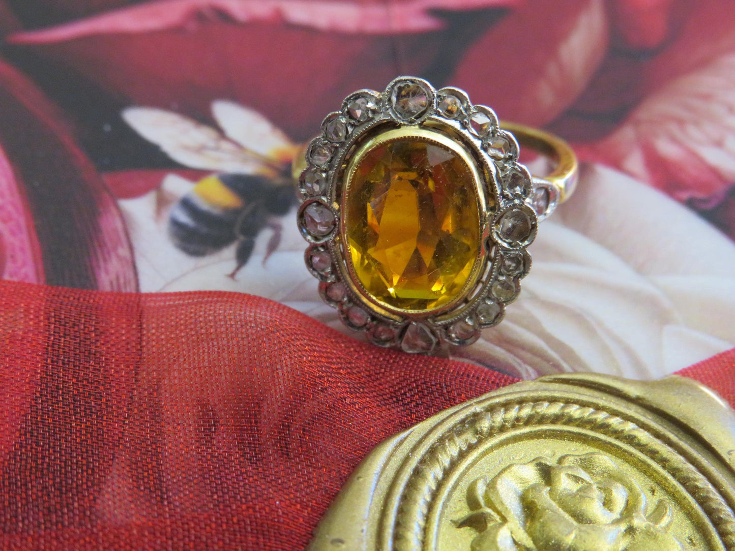 Antique Citrine and Rose Cut Diamond Ring | 18K Gold & Silver | French Hallmarked