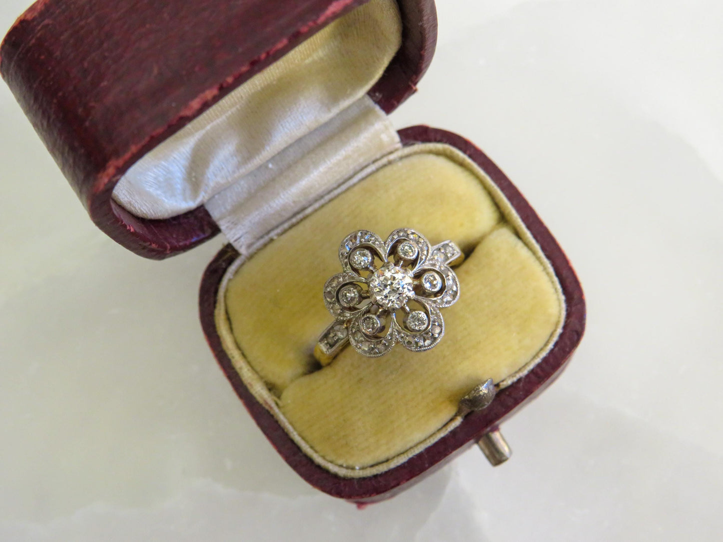 Edwardian Diamond Flower Ring | Platinum Topped 14K | Old European, Single & Rose Cut Diamonds | Size 4.5
