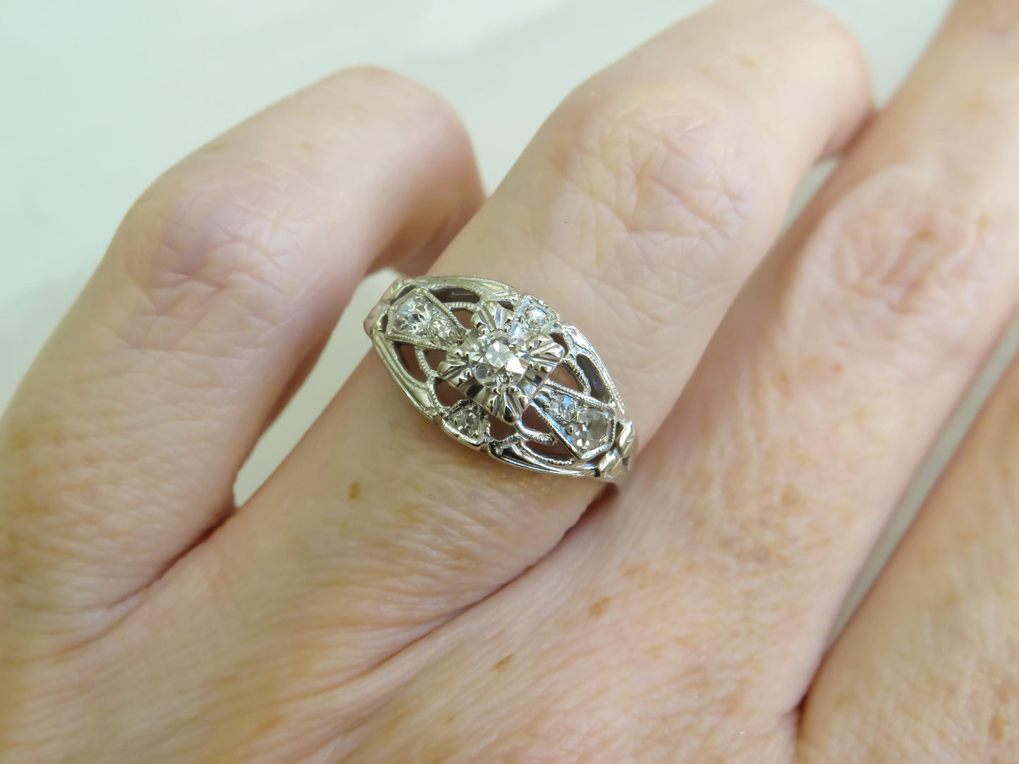 Art Deco Diamond Ring | 14K White Gold | Old Mine & Single Cut Diamonds | Size 6