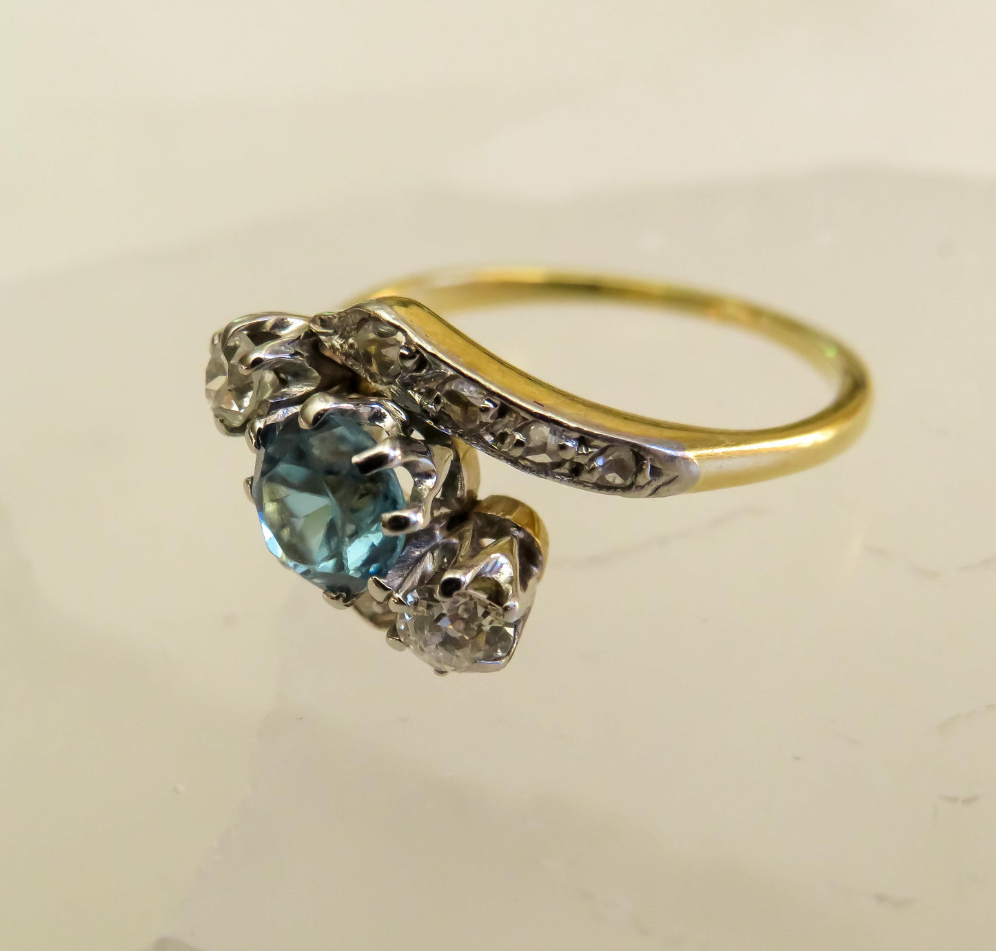 Antique Blue Zircon and Diamond Ring | Platinum Topped 18K Gold | Old Mine & Rose Cut Diamonds | Size 5.75