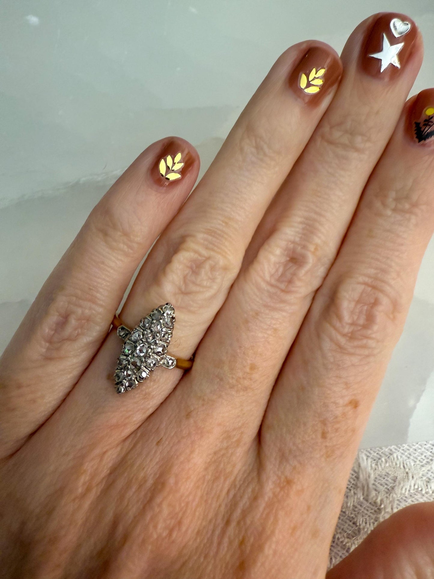 Antique Rose Cut Diamond Navette Ring | 18K Gold & Platinum | c. Early 1900s