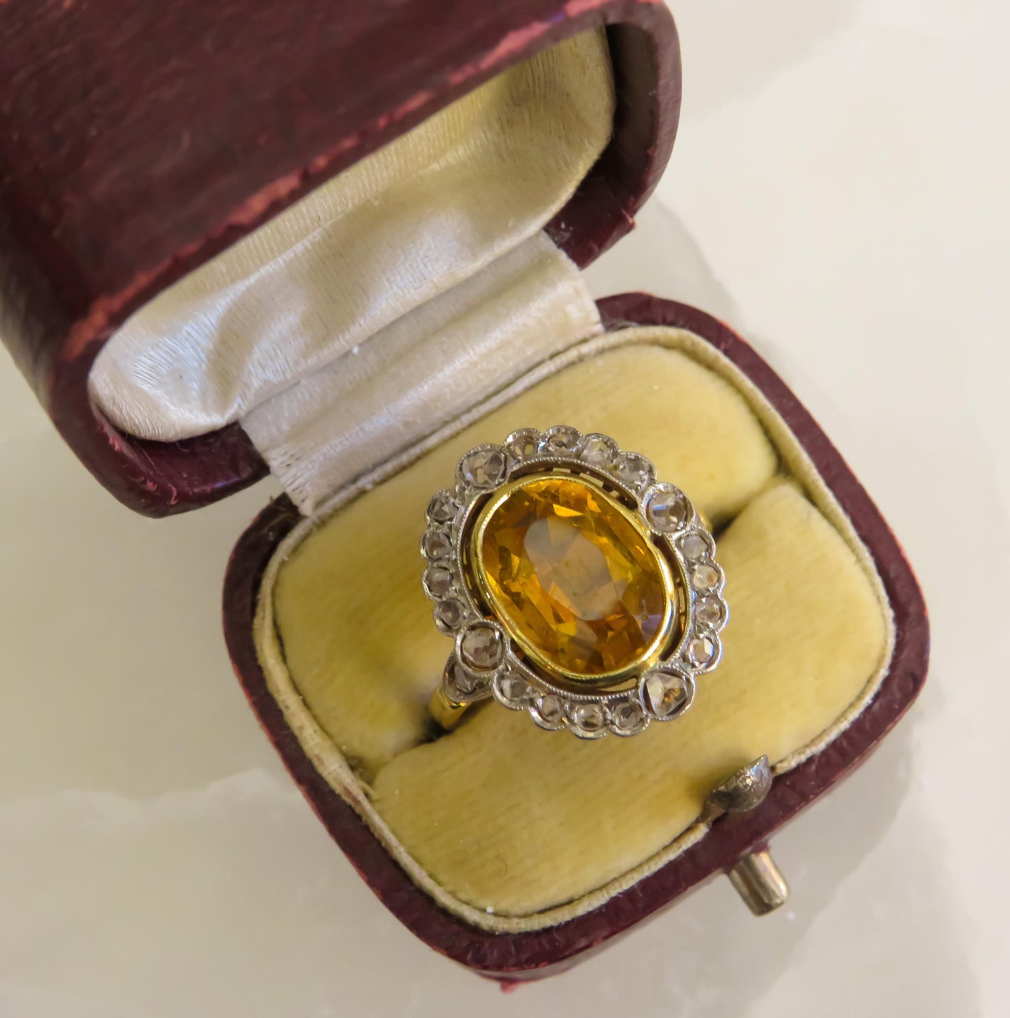 Antique Citrine and Rose Cut Diamond Ring | 18K Gold & Silver | French Hallmarked