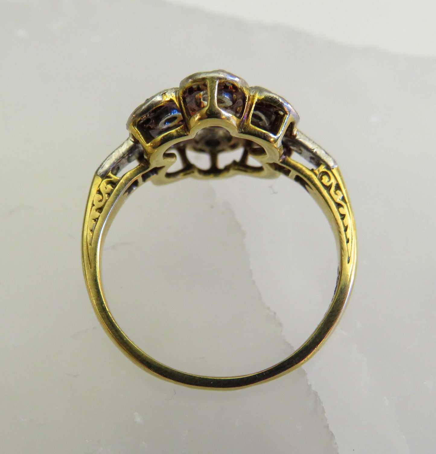 Edwardian Diamond Flower Ring | Platinum Topped 14K | Old European, Single & Rose Cut Diamonds | Size 4.5