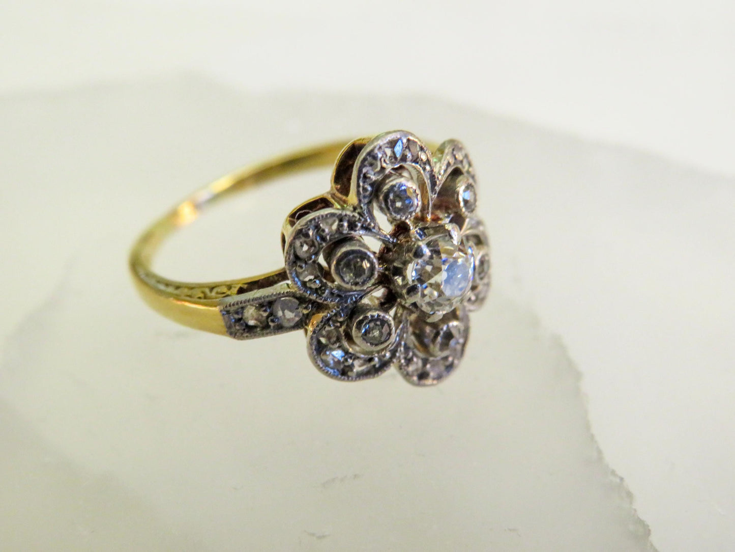 Edwardian Diamond Flower Ring | Platinum Topped 14K | Old European, Single & Rose Cut Diamonds | Size 4.5