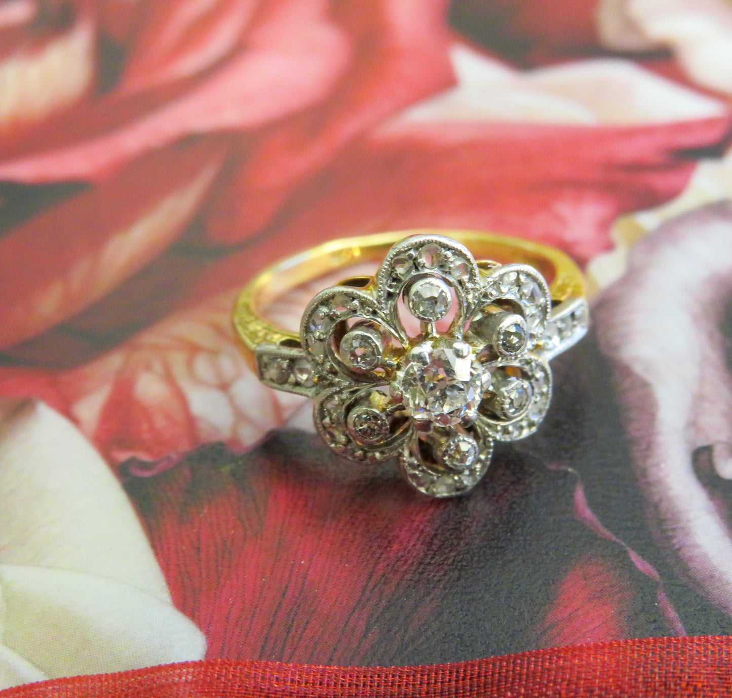 Edwardian Diamond Flower Ring | Platinum Topped 14K | Old European, Single & Rose Cut Diamonds | Size 4.5