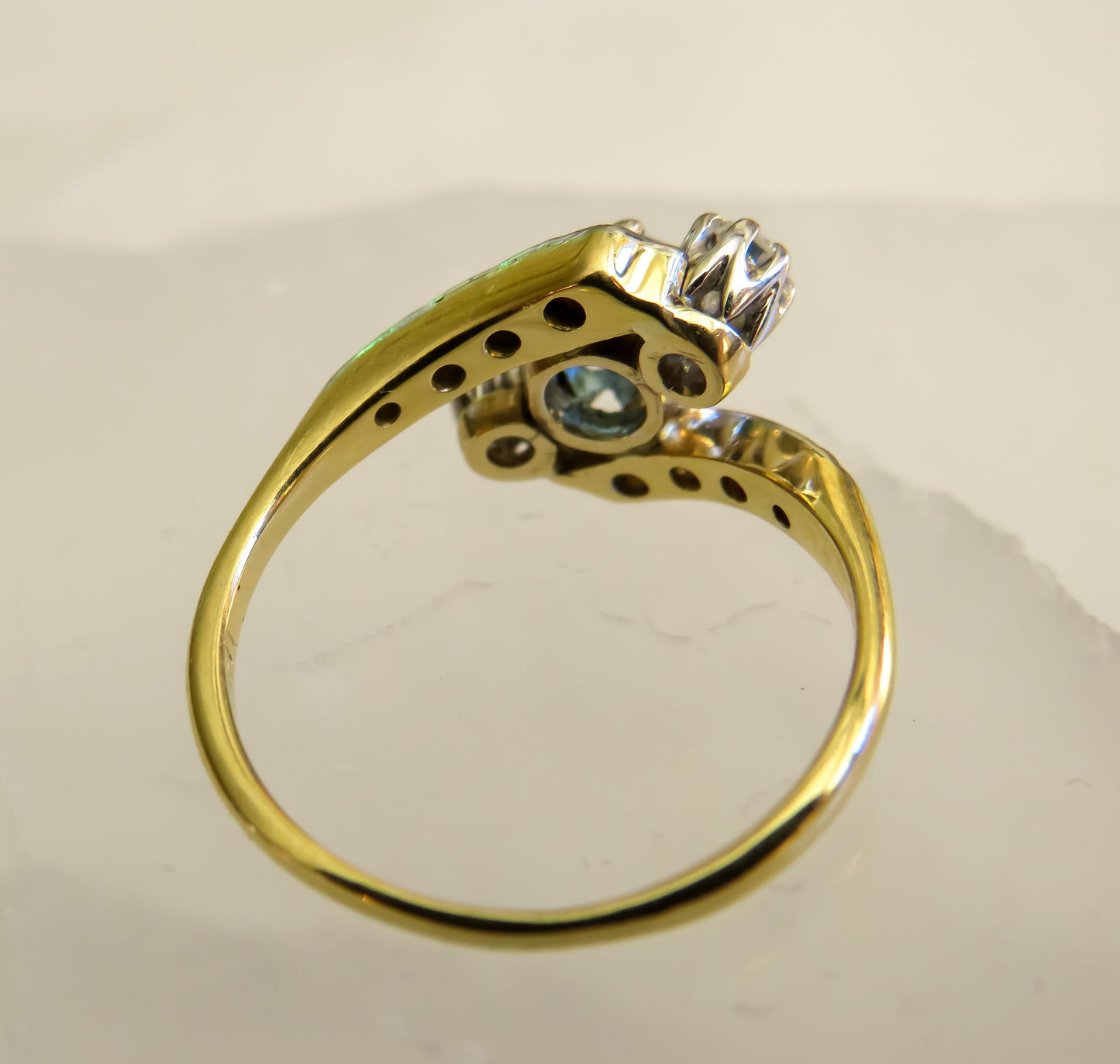 Antique Blue Zircon and Diamond Ring | Platinum Topped 18K Gold | Old Mine & Rose Cut Diamonds | Size 5.75