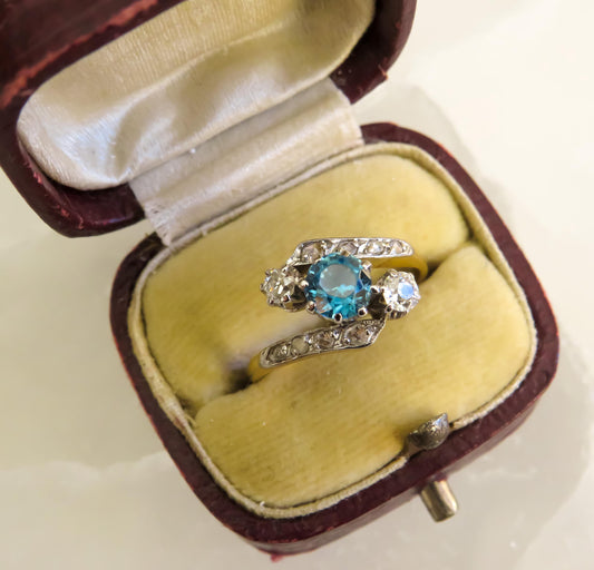 Antique Blue Zircon and Diamond Ring | Platinum Topped 18K Gold | Old Mine & Rose Cut Diamonds | Size 5.75